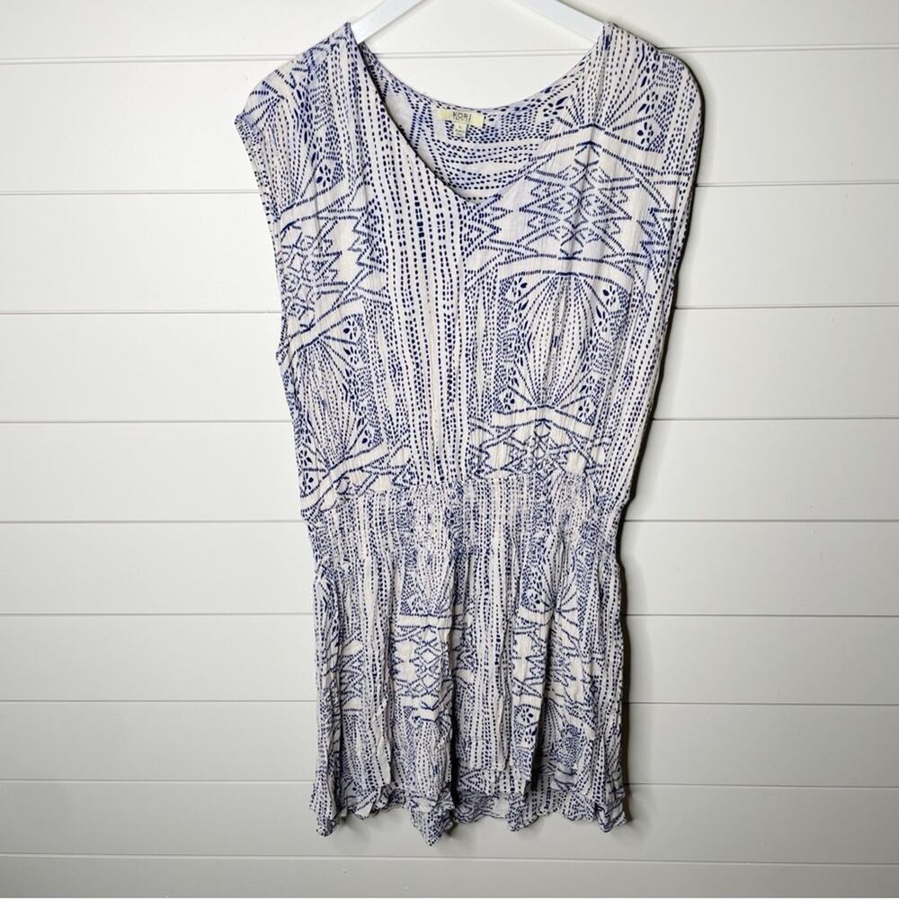 KORI Aztec Tribal Print Crinkle Stretch Waist Blouson Dress Blue White Size L